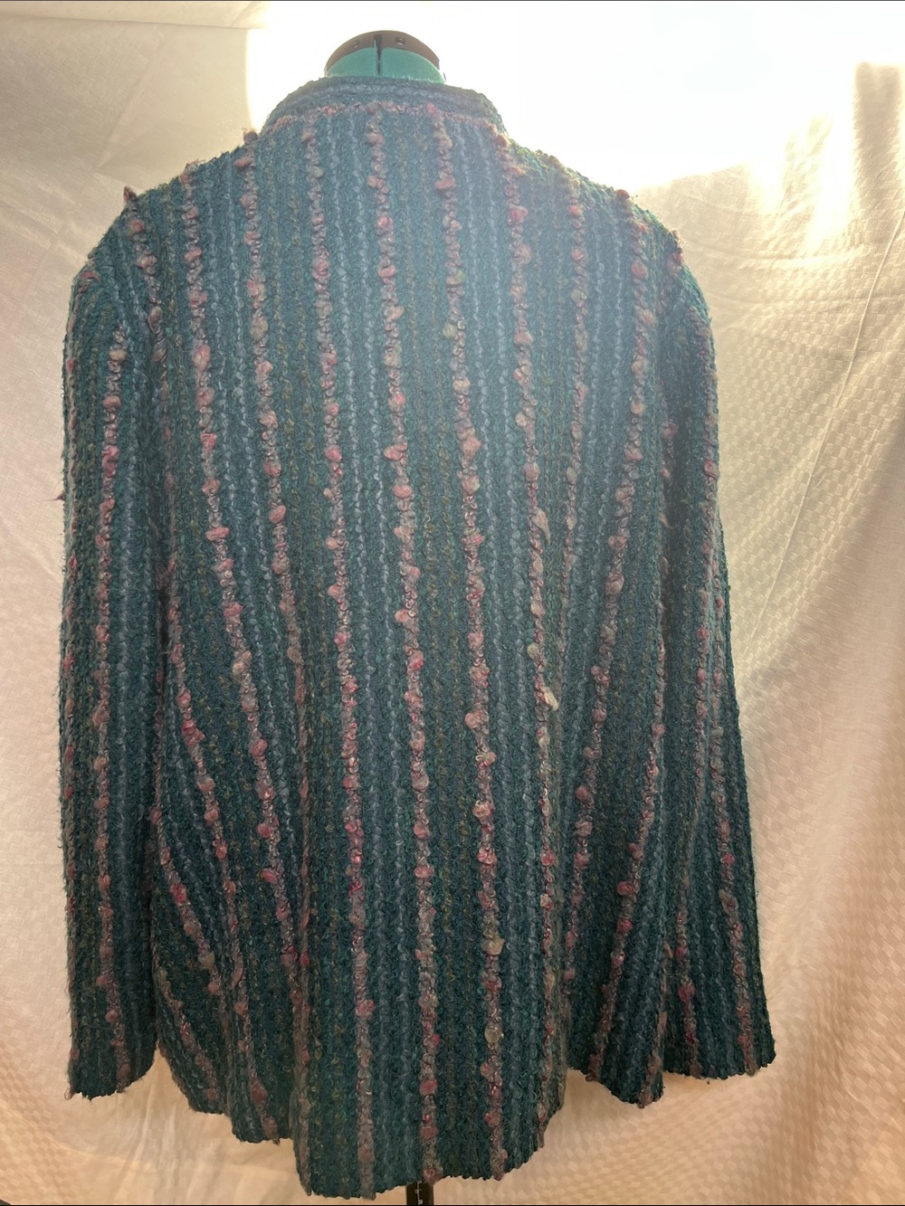 Vintage Lady Devon Striped Mohair Blend Knit Open Blazer in Teal & Pink